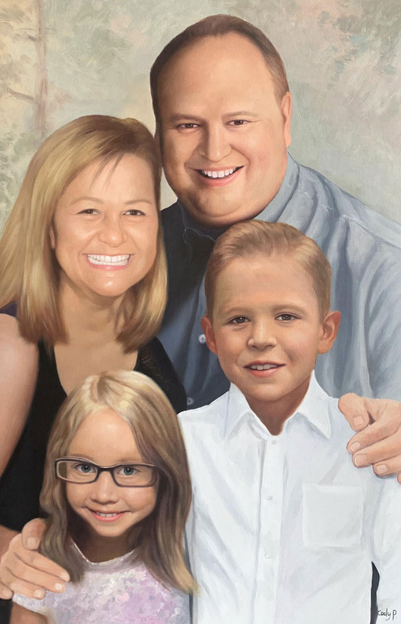 Family portrait painting of parents and two children.