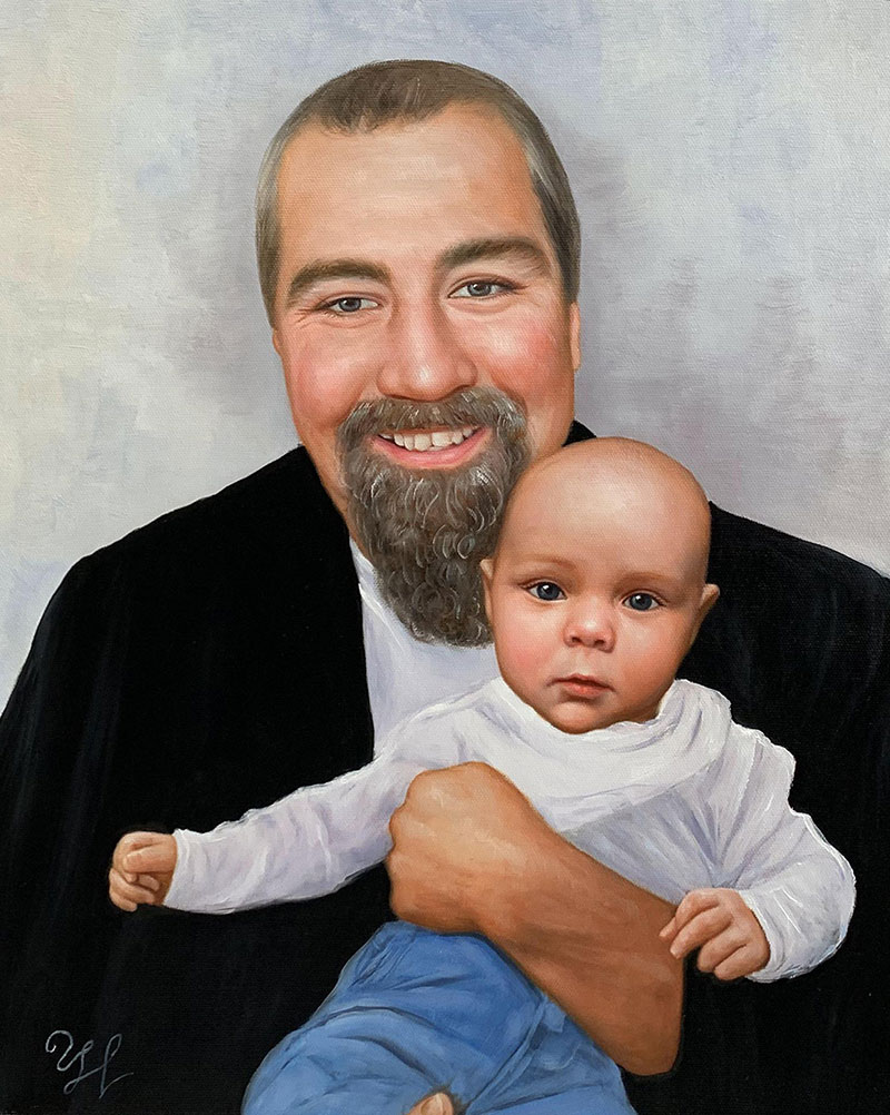 Painting of a father holding his baby.