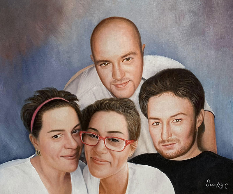 Painted portrait of two women and two men.