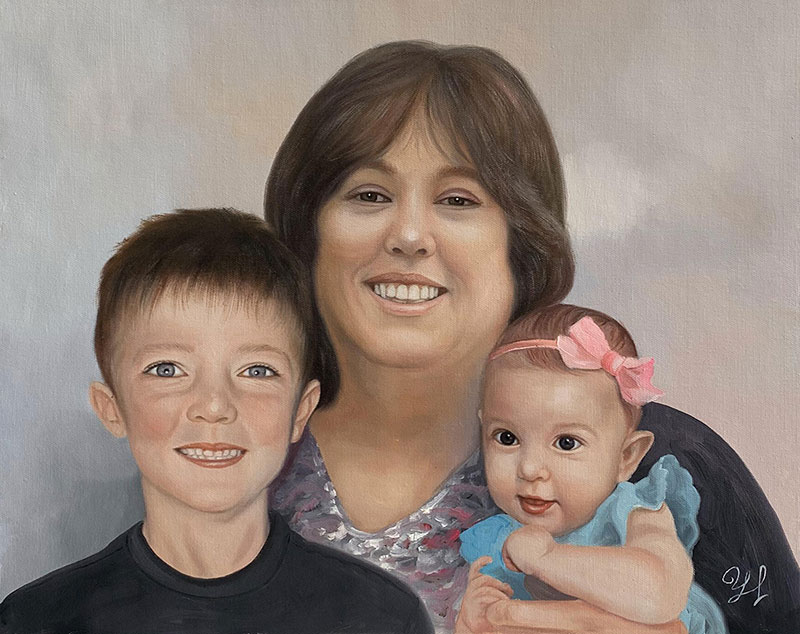Painted portrait of a woman with a young boy and baby.