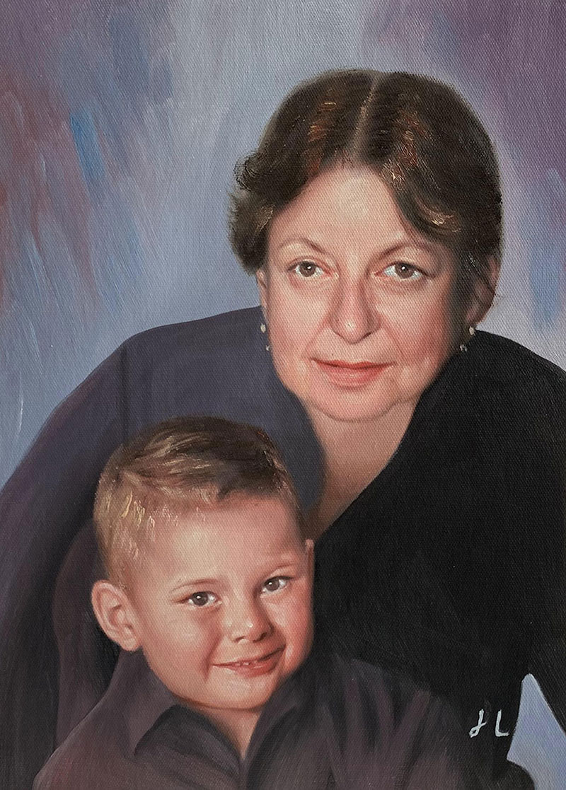 Oil painting portrait of a woman and young boy.