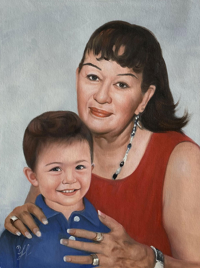 Oil painting portrait of a woman and young boy.