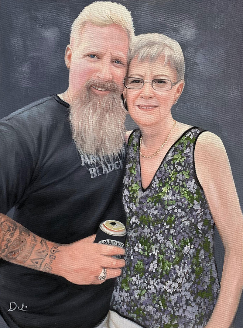 Painted portrait of a man and woman, the man has a beard and a tattoo, the woman wears glasses and a floral top.