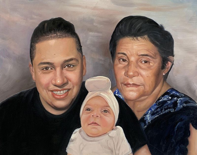 Painted portrait of a man, woman, and baby.