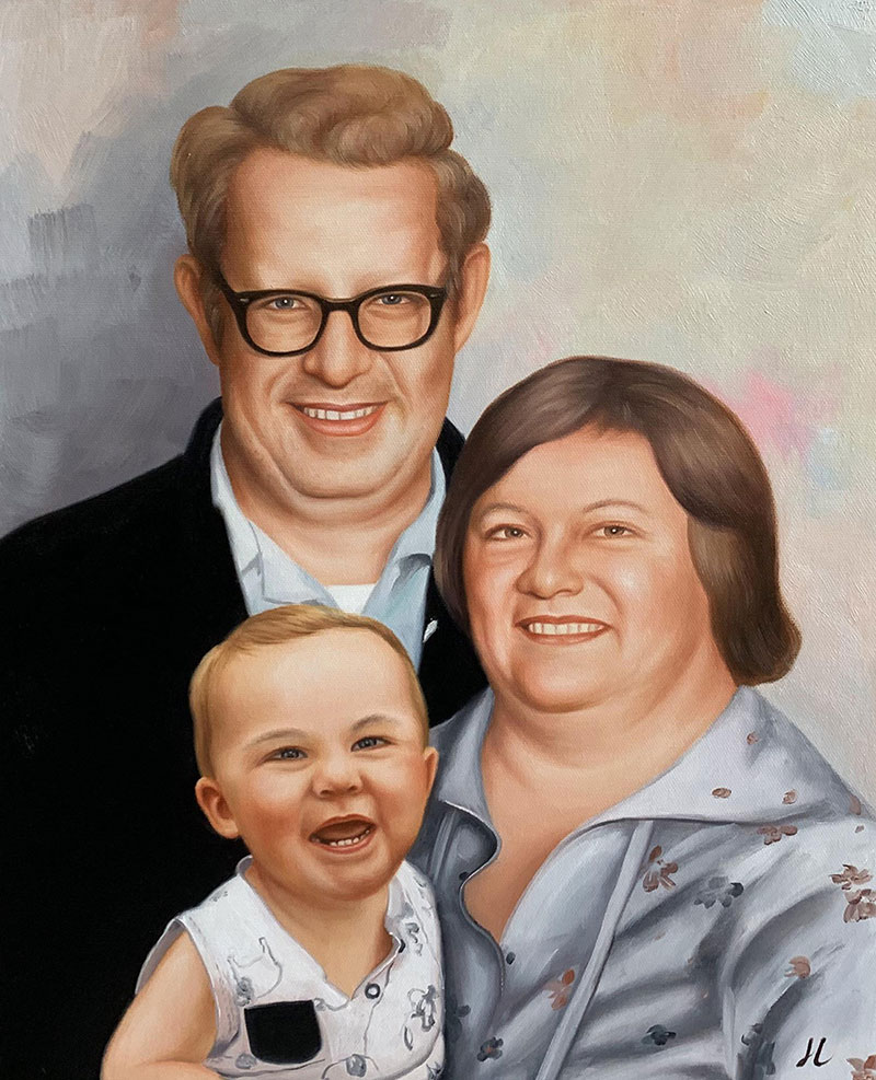 Oil painting portrait of a family: father, mother, and toddler son.