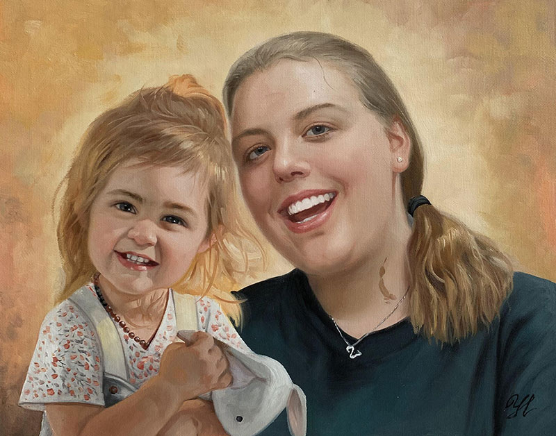 Painted portrait of a woman and young girl smiling.