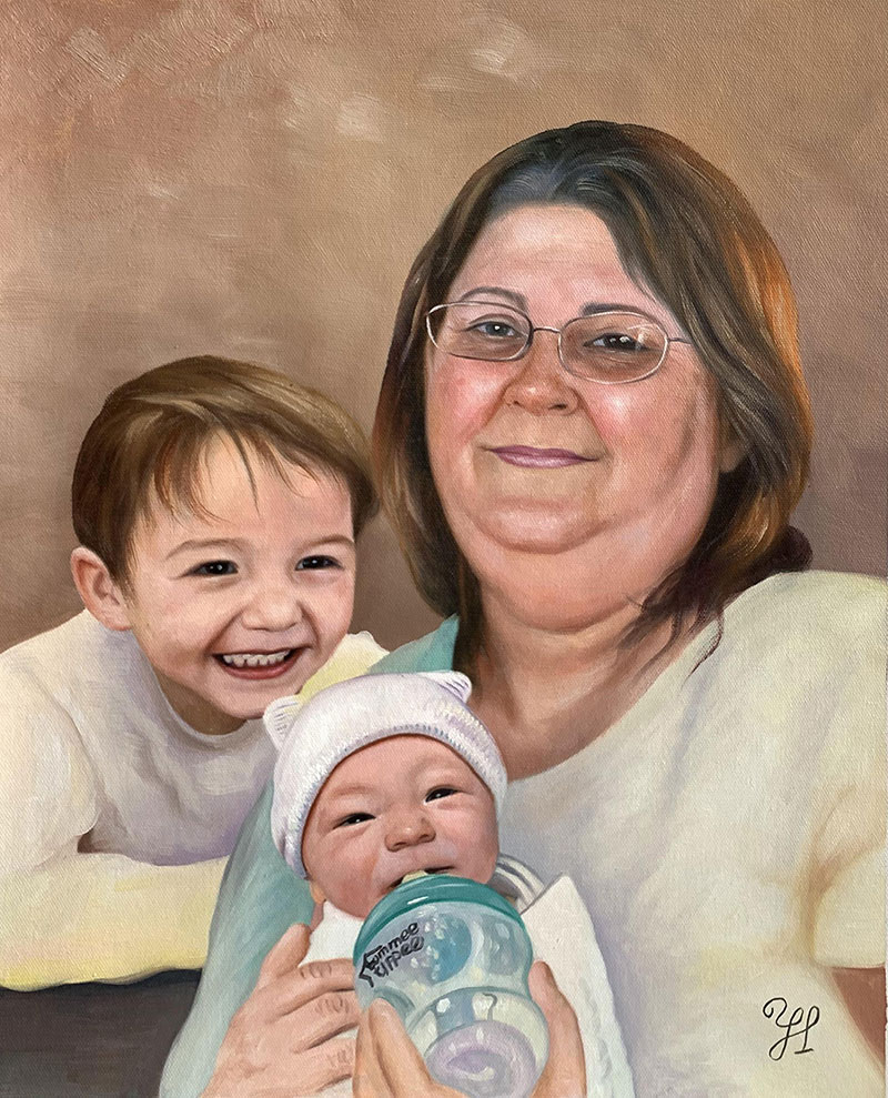Oil painting portrait of a woman with a toddler and a baby.