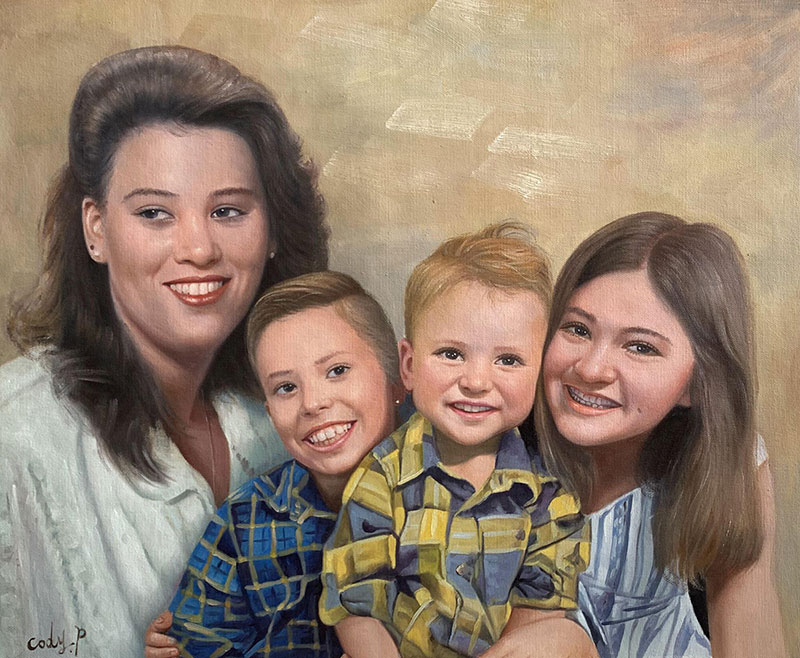 Painted portrait of a mother and her three children.