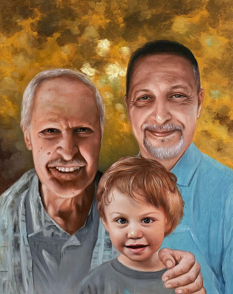 Painted portrait of two older men and a toddler.