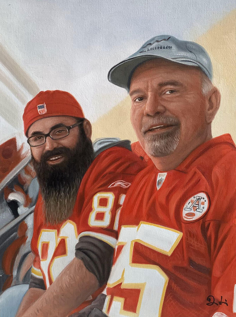 Painting of two men in Kansas City Chiefs jerseys, one with a beard and glasses, the other with a gray baseball cap.