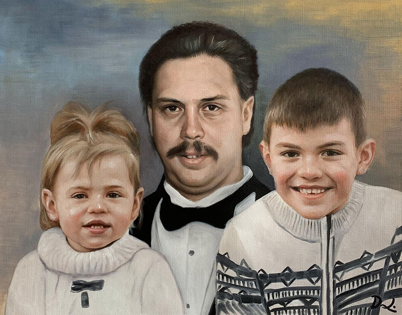 Painted portrait of a father with his young son and daughter.