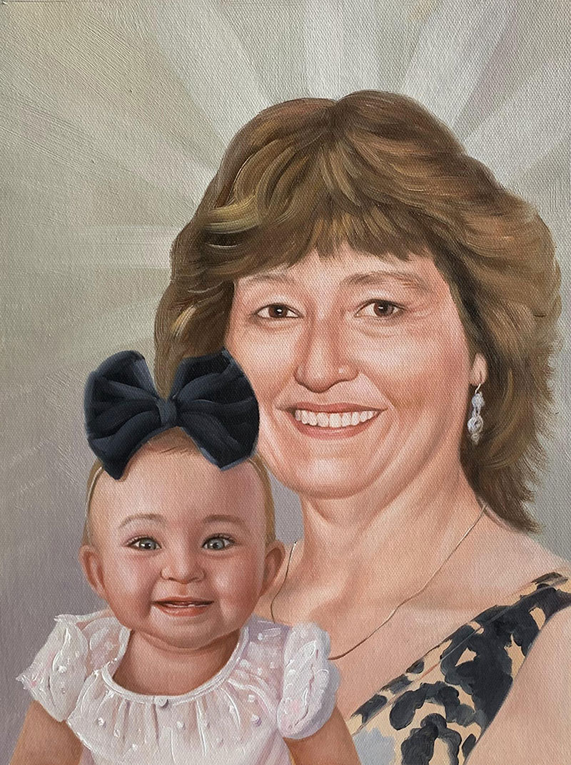 Oil painting portrait of a woman and baby girl.