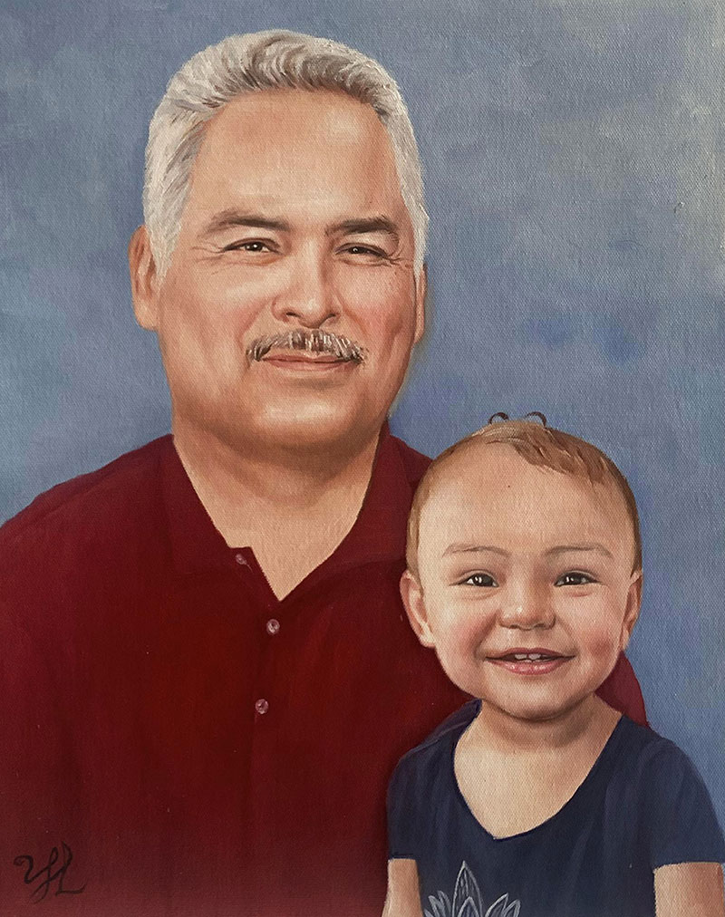 Painting of an older man with gray hair and a toddler.