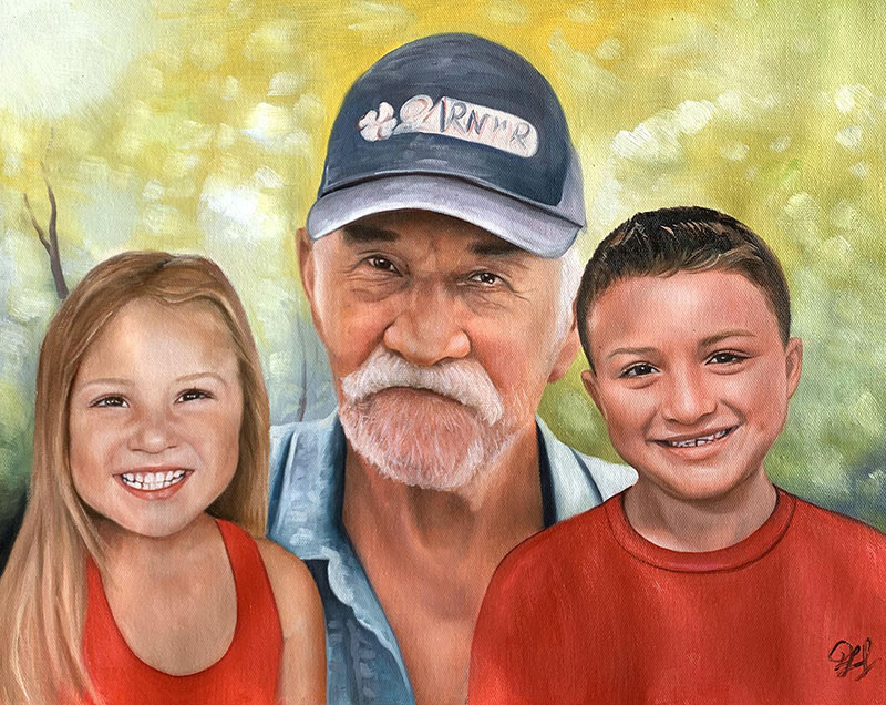 Painted portrait of a grandfather with a girl and boy.