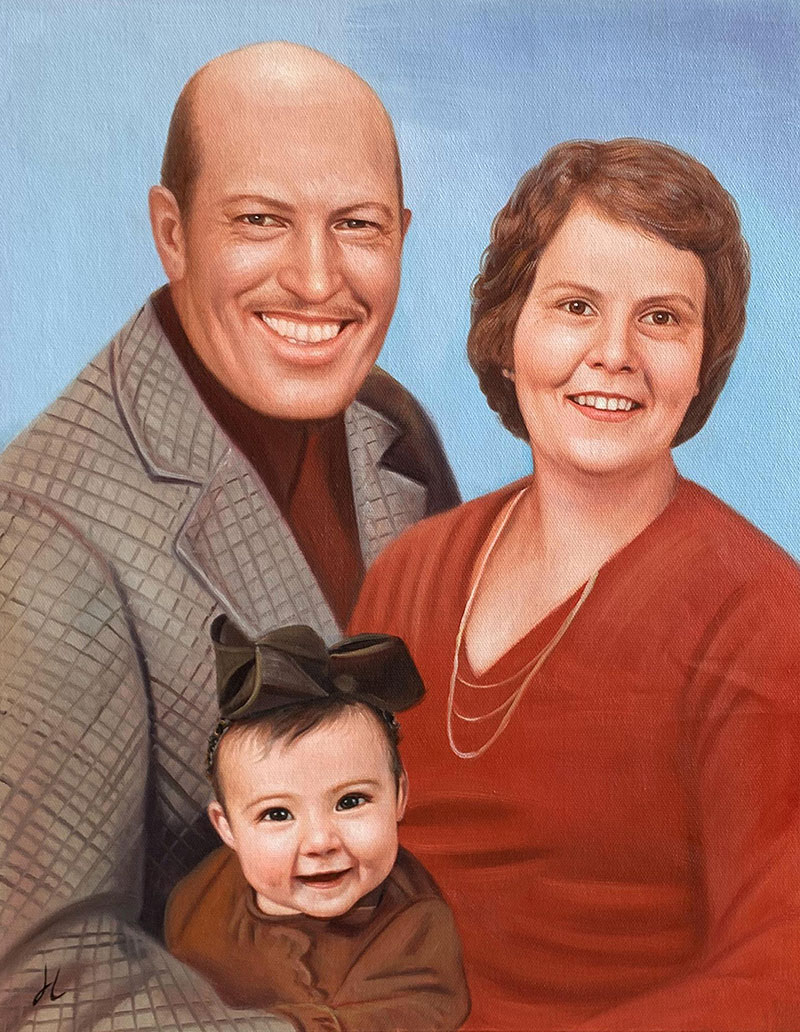 Painted portrait of a family: a bald man, a woman in a red dress, and a baby girl.