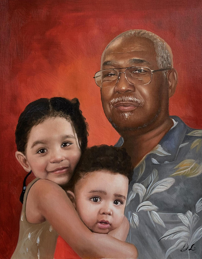 Painting of a grandfather with his two grandchildren.