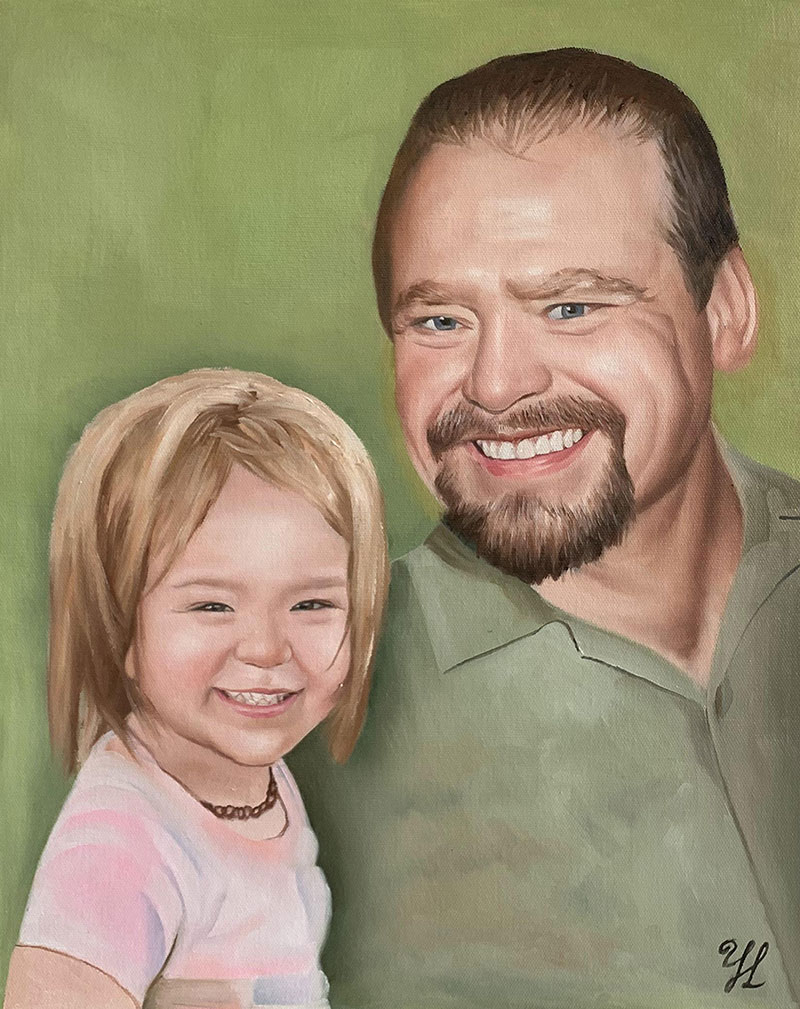 Painting of a father and young daughter smiling.