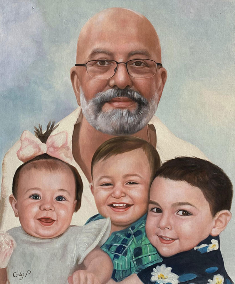 Oil painting of a grandfather with his three grandchildren.