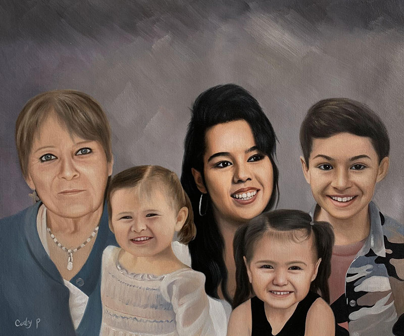 Painted portrait of a multigenerational family: an older woman, a young woman, and three children.