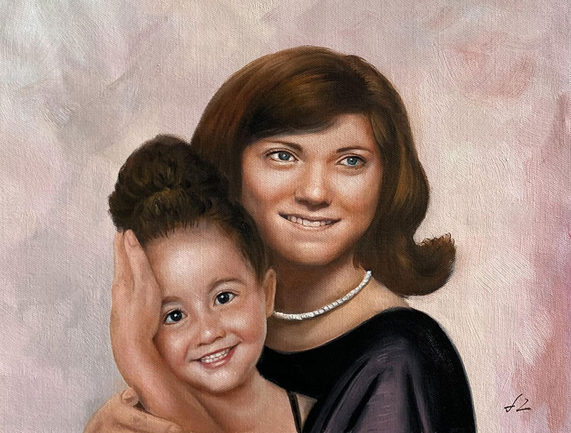 Painting of a mother and young daughter embracing.