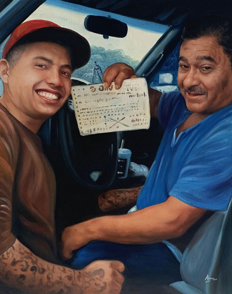 Painting of two men in a car, one holding a lottery ticket.