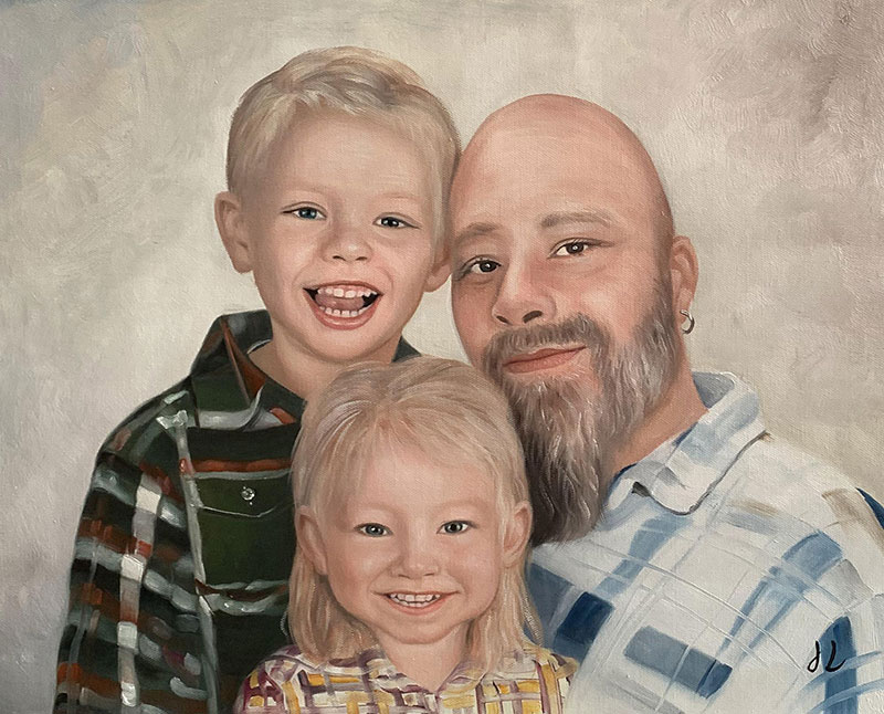 Oil painting of a father with his two young children.