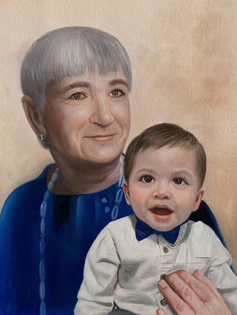 Painting of an older woman with short gray hair holding a toddler.