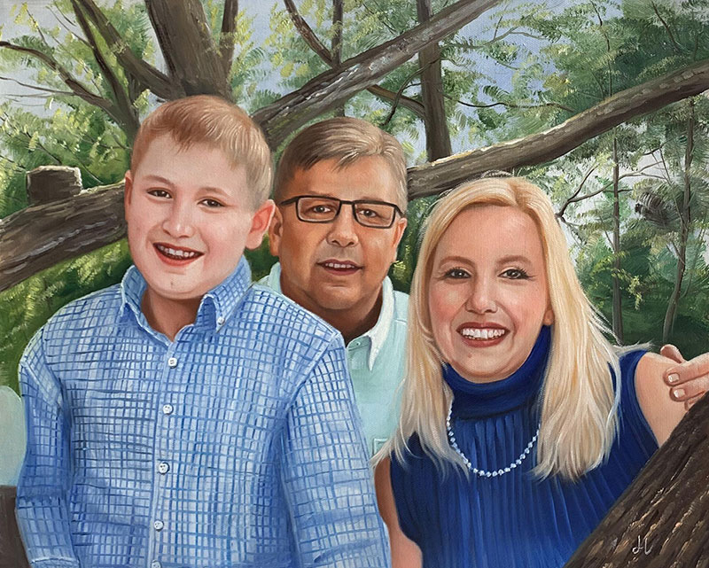 Family portrait painting, parents and son smiling outdoors