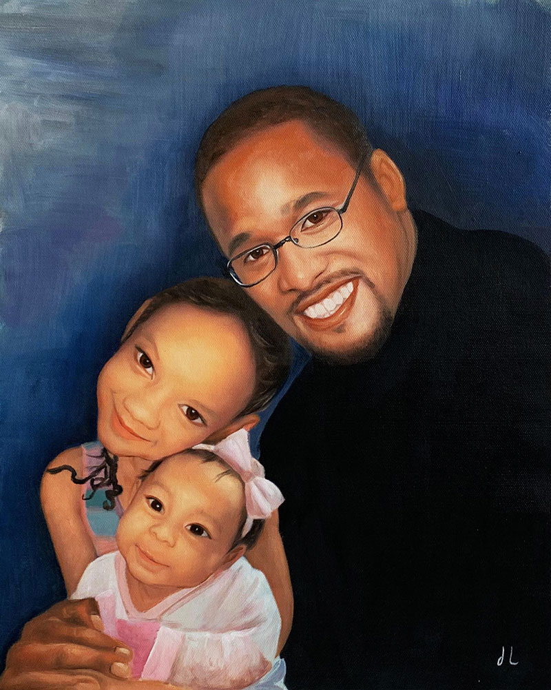Oil painting of a father with his two young daughters.