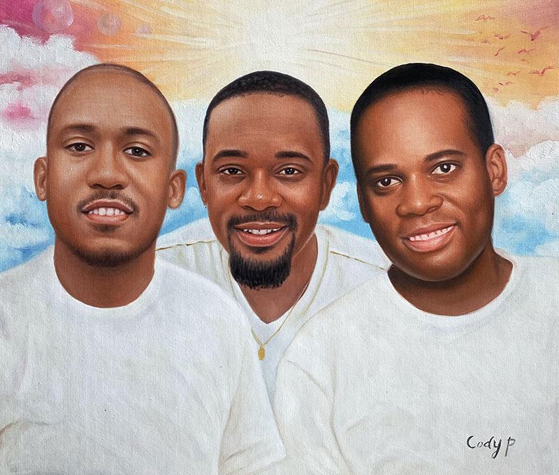 Painted portrait of three smiling Black men in white shirts against a cloudy sky background.