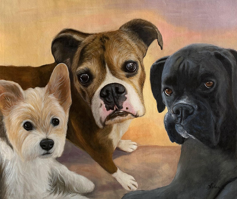Painting of three dogs: a fawn Boxer, a black Boxer, and a small light-colored dog.
