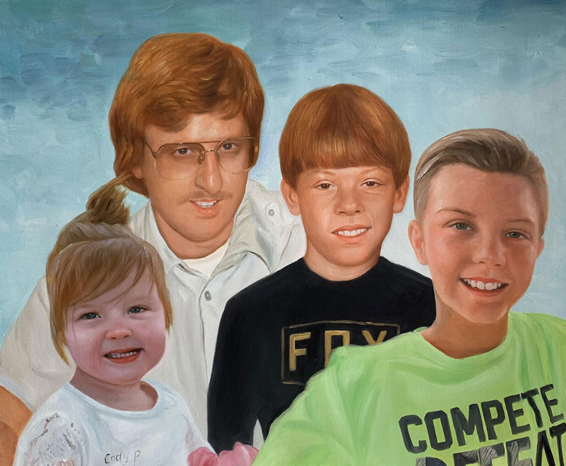 Painted portrait of a father and his three children.