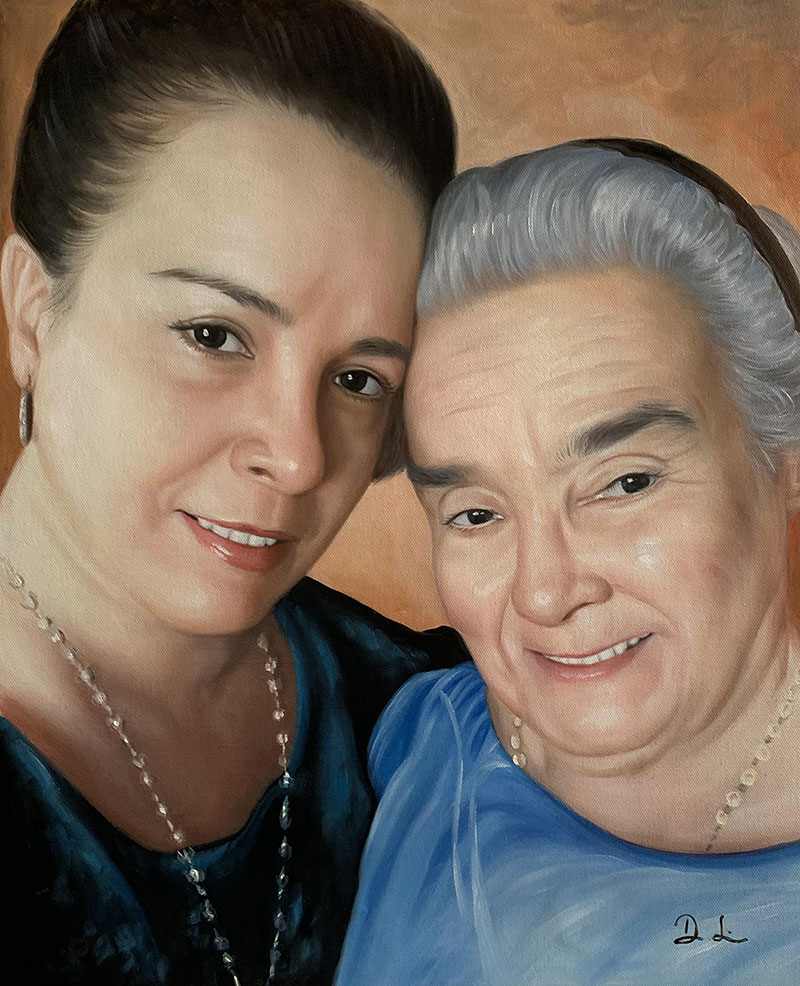 Oil painting portrait of a younger woman and an older woman, embracing.