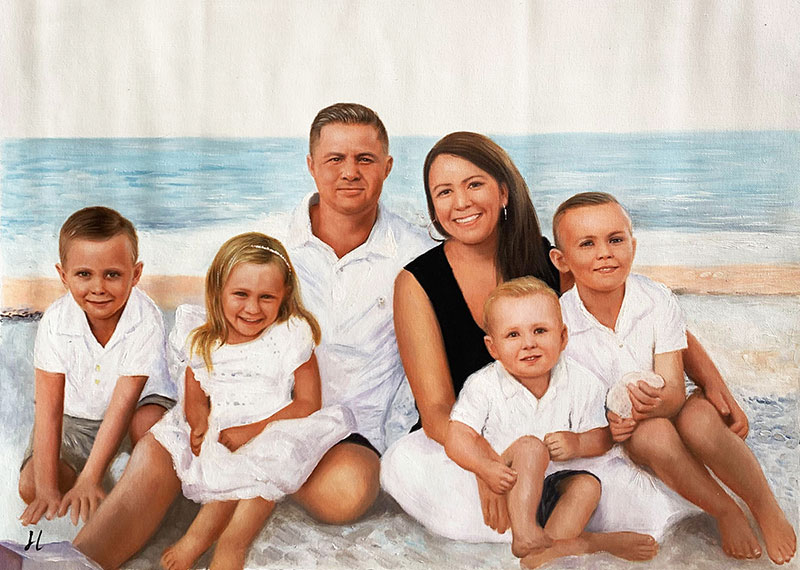 Family portrait painted on canvas, beach background.
