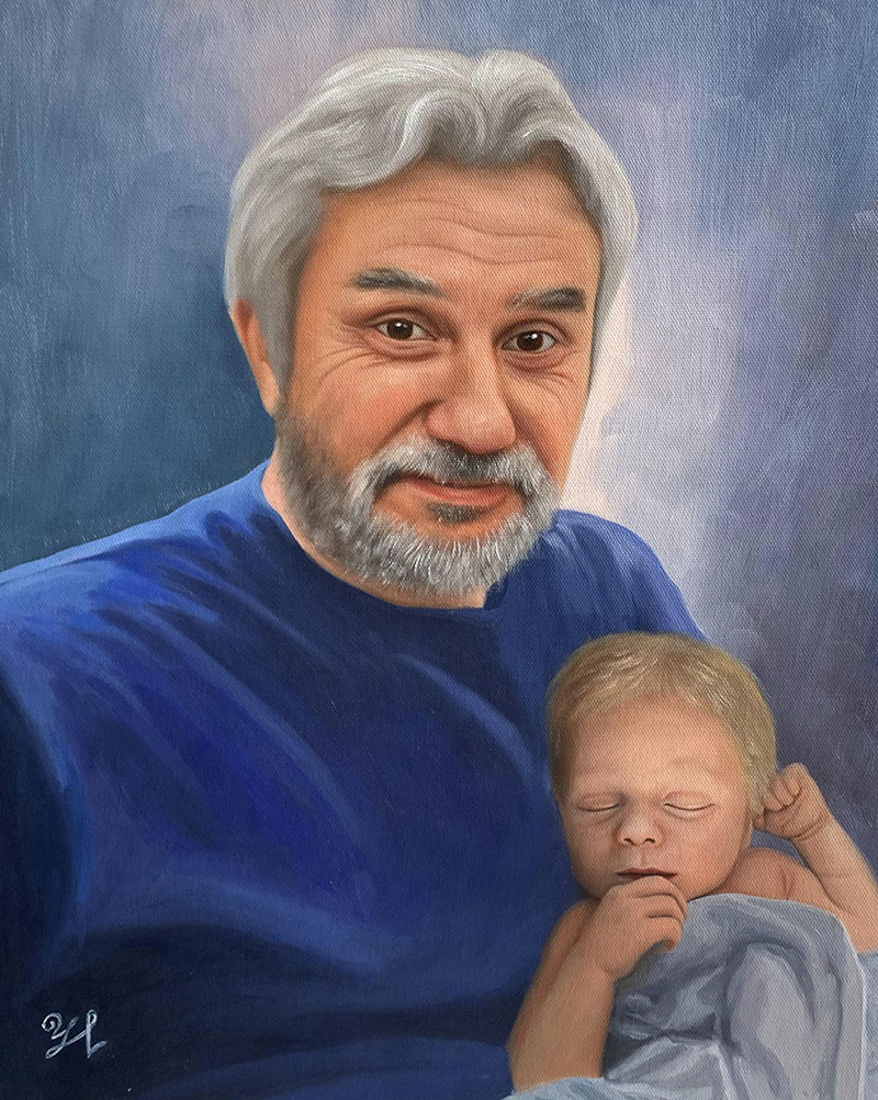Painting of an older man with gray hair and beard holding a sleeping baby.