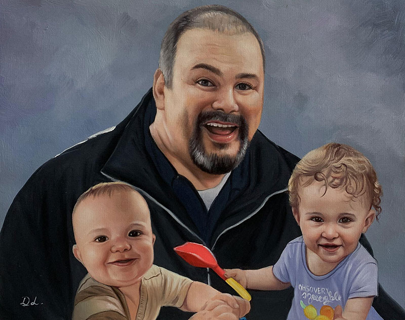 Painting of a father with his two young children.