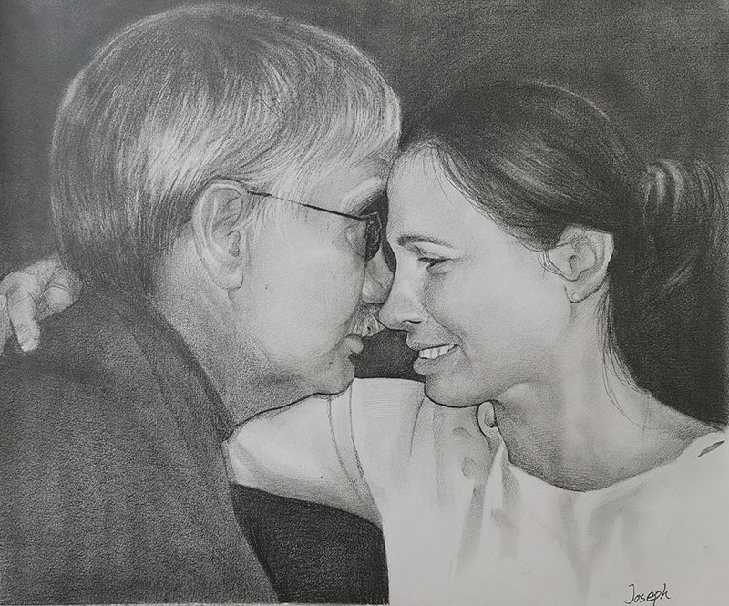 Pencil sketch of an older man and younger woman embracing.