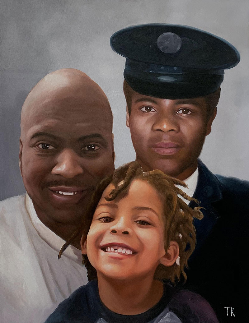 Painted portrait of a family: a bald man, a person in military uniform, and a smiling child.