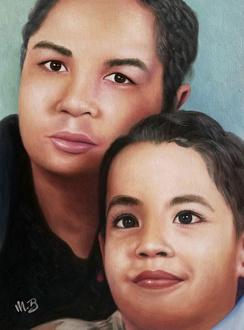 Oil painting portrait of a woman and young child.