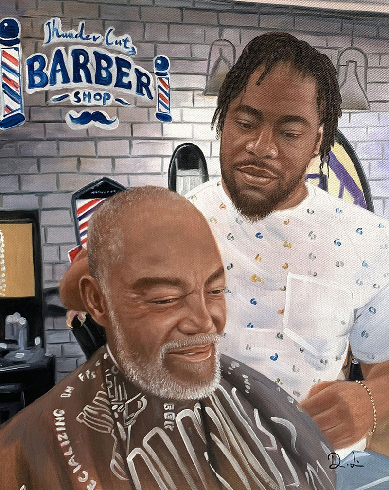 Painting of a barber giving a senior man a haircut in his shop.