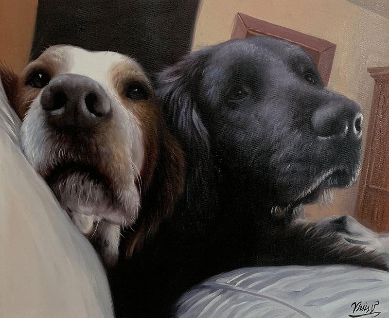 Painting of two dogs cuddling on a couch.