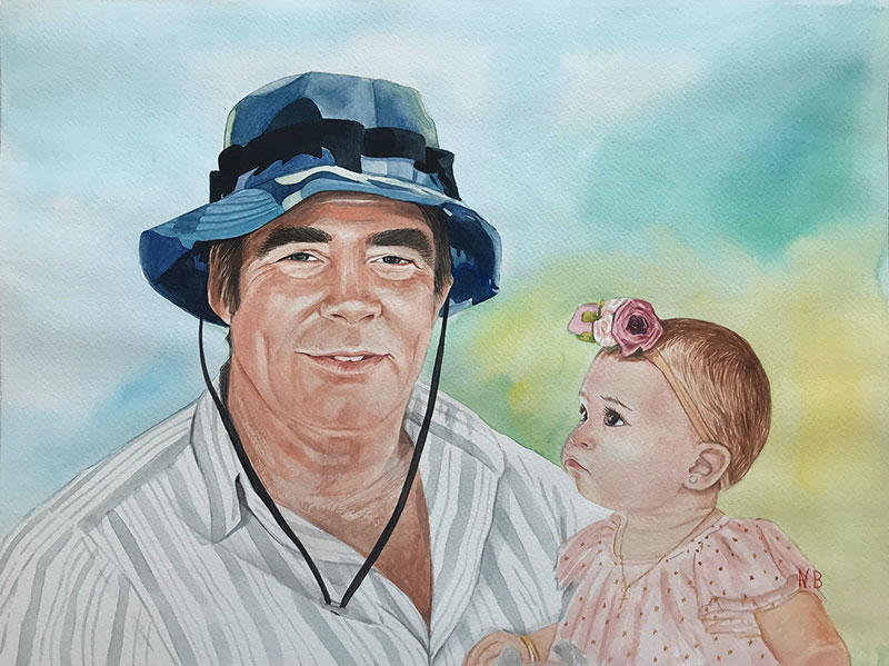 Gorgeous handmade watercolor painting of a man holding baby