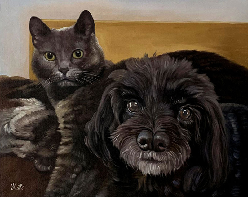 Painting of a gray cat and a black dog sitting together.