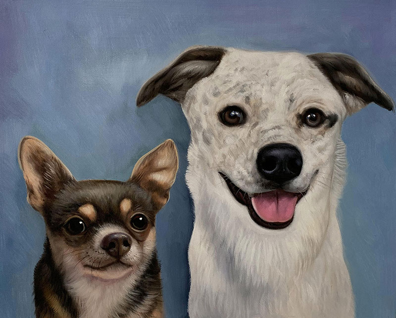 Painting of a Chihuahua and a larger white and tan dog.
