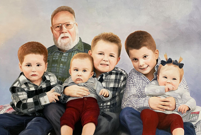 Beautiful oil painting of a grandfather and five grand kids
