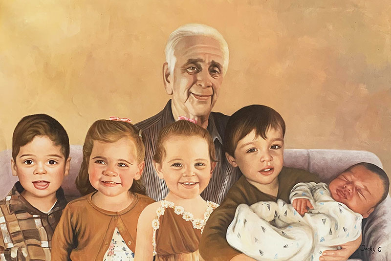 Custom oil painting of a man with five kids