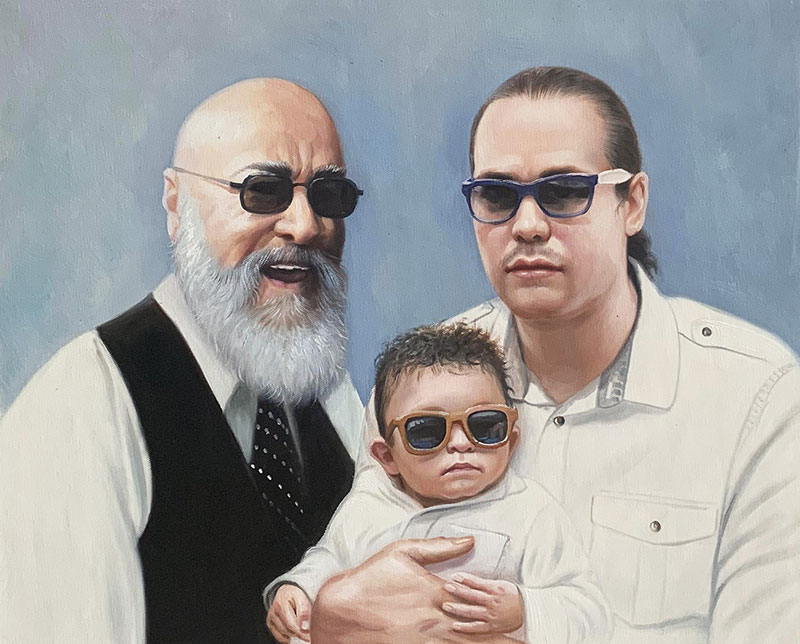 Painted portrait of three generations of a family, all wearing sunglasses.