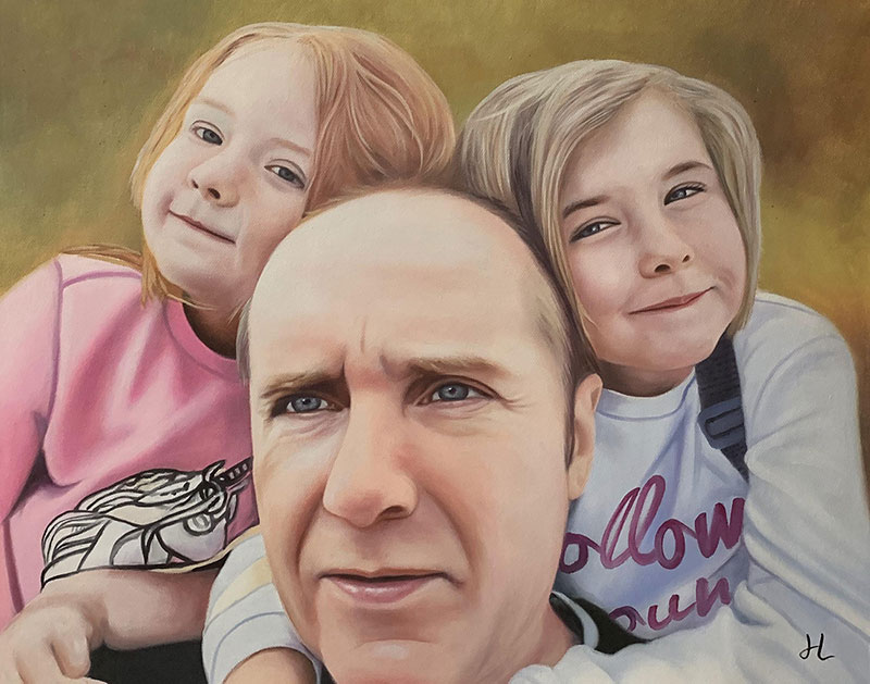 Custom close up oil painting of a man with two kids