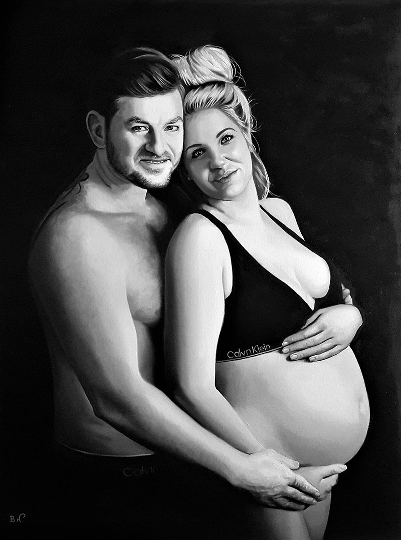 black and white oil painting from couples maternity photo