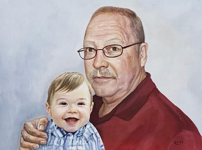 Custom oil painting of a man with a baby